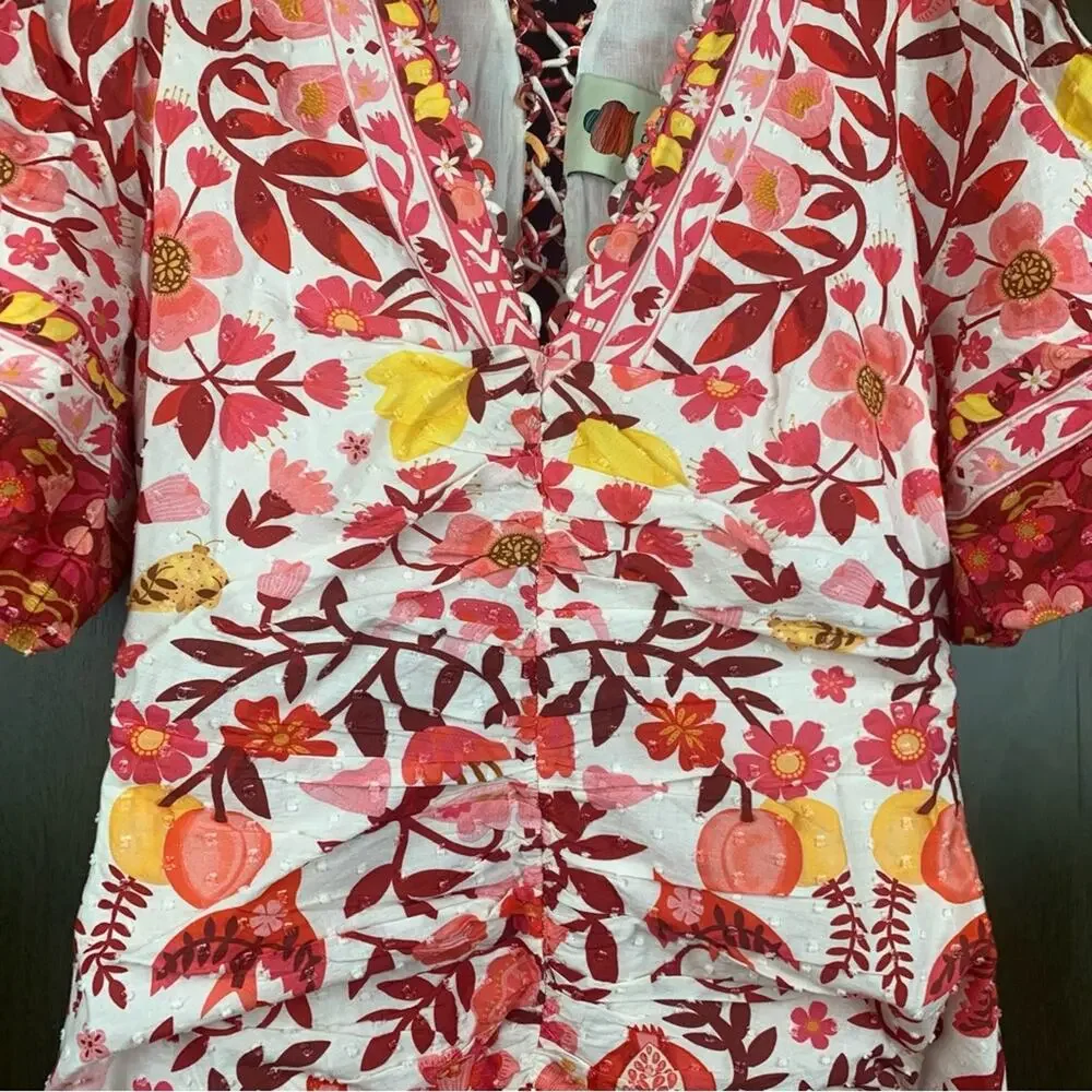 Farm Rio size XS romantic orchard tiered midi dress pink red white - Picture 6 of 15